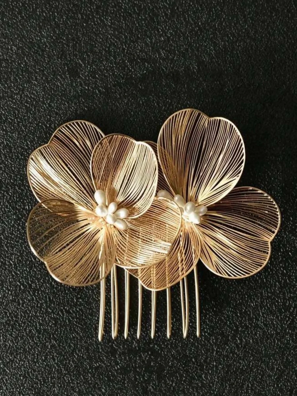 Gold Floral Wire Hair Comb with Pearl Accents